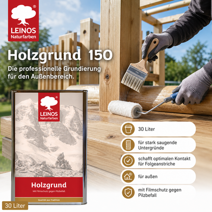 LEINOS 150 Holzgrund 30 l – offenporige Holzgrundierung für Lack- und Lasuranstriche außen, mit Filmschutz gegen Bläuebefall, tiefenwirksam, transparent-bräunlich, reicht bis ca. 144 m²