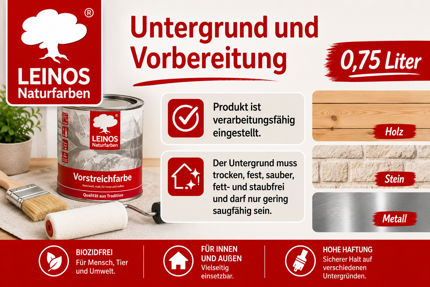LEINOS Vorstreichfarbe 810 | 0,75 Liter | universelle Grundierung für Holz, Metall, Glasfasertapeten | schnelltrocknend, diffusionsoffen & atmungsaktiv | weiß matt, sehr gut schleifbar, innen & außen nutzbar