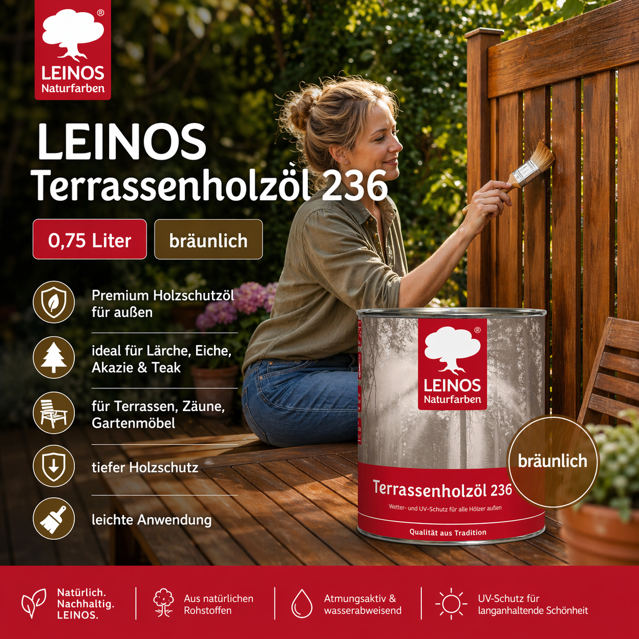 Leinos Terrassenholzöl 0,75l – bräunlich Premium Holzschutzöl für außen, ideal für Lärche, Eiche, Akazie & Teak – Teaköl & Lärchenöl für Terrassen, Zäune, Gartenmöbel, Kinderspielgeräte & mehr