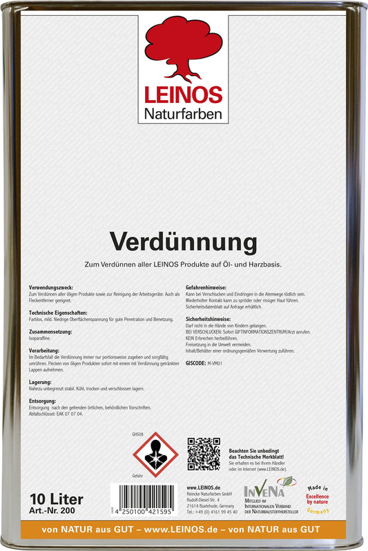 LEINOS 200 Verdünnung 10 Liter | Zum Verdünnen aller öligen Produkte sowie zur Reinigung der Arbeitsgeräte. Auch als Fleckentferner geeignet.