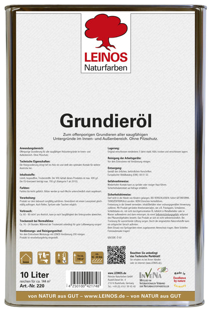 LEINOS Grundieröl 10 l – farblos, offenporig, lösemittelarm; tiefenwirksame Grundierung für saugfähiges Holz innen & außen, ohne UV-/Pilzschutz, hohe Ergiebigkeit für größere, wenig beanspruchte Flächen