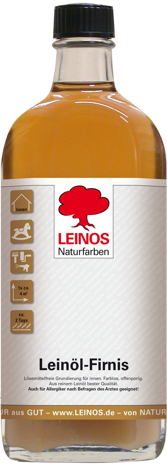 LEINOS Leinöl-Firnis 230 – 0,25 L für innen und außen – offenporige Grundierung für stark saugende Untergründe wie Hirnholzparkett, Kork, Terracotta – lösemittelfrei – ohne Filmschutz außen
