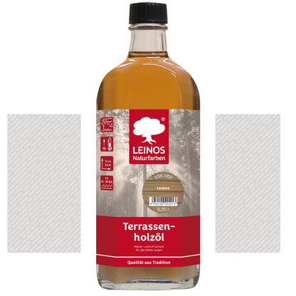 LEINOS Terrassenholzöl 236 | 0,25 Liter | Hochwertiges Holzöl für außen | Für Terrassen, Zäune, Kinderspielgeräte | Farbton: farblos | Tiefer Holzschutz & leichte Anwendung