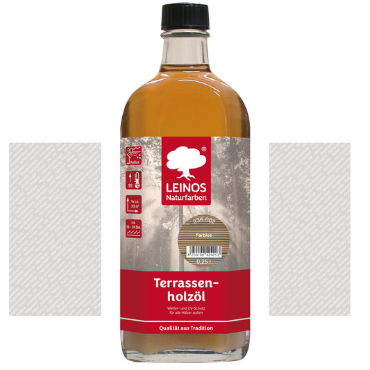 LEINOS Terrassenholzöl 236 | 0,25 Liter | Hochwertiges Holzöl für außen | Für Terrassen, Zäune, Kinderspielgeräte | Farbton: farblos | Tiefer Holzschutz & leichte Anwendung