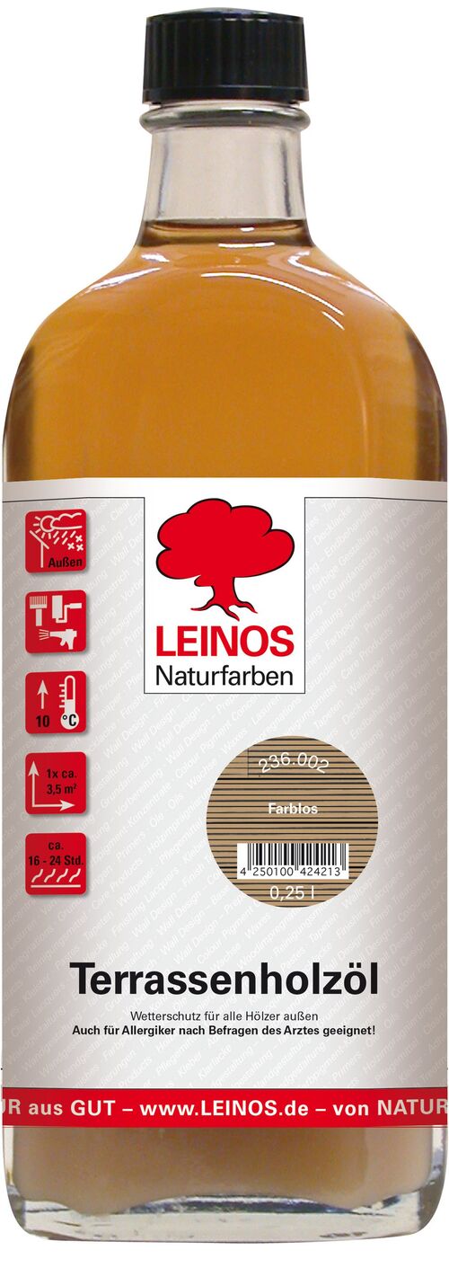 LEINOS Terrassenholzöl 236 | 0,25 Liter | Hochwertiges Holzöl für außen | Für Terrassen, Zäune, Kinderspielgeräte | Farbton: farblos | Tiefer Holzschutz & leichte Anwendung