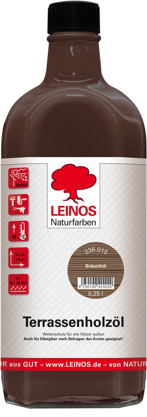 Leinos Terrassenholzöl 0,25l bräunliches Premium Holzschutzöl für Lärche, Eiche, Teak & Akazie, Teaköl & Lärchenöl für Gartenmöbel & Terrassen