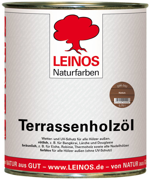 Leinos Terrassenholzöl 0,75l – rötliches Premium Holzschutzöl für außen, ideal für Lärche, Eiche, Akazie & Teak – Teaköl & Lärchenöl für Terrassen, Zäune, Gartenmöbel, Kinderspielgeräte & mehr