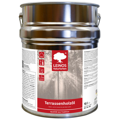 Leinos Terrassenholzöl 10,00 l – rötliches Premium Holzschutzöl für außen, ideal für Lärche, Eiche, Akazie & Teak – Teaköl & Lärchenöl für Terrassen, Zäune, Gartenmöbel, Kinderspielgeräte & mehr