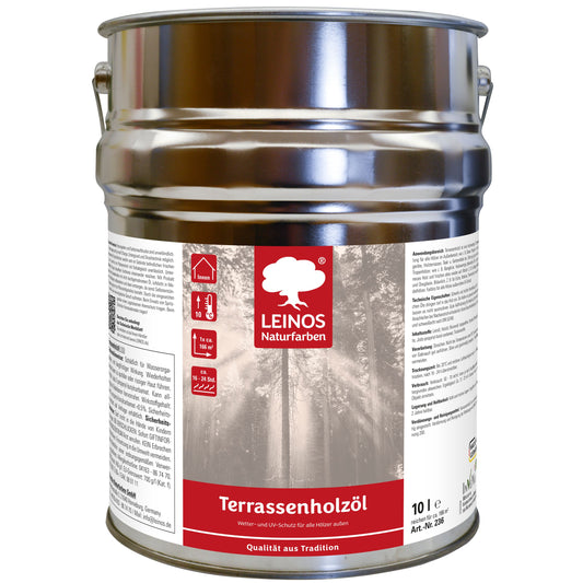 Leinos Terrassenholzöl 10,0 Liter – bräunlich Premium Holzschutzöl für außen, ideal für Lärche, Eiche, Akazie & Teak – Teaköl & Lärchenöl für Terrassen, Zäune, Gartenmöbel, Kinderspielgeräte & mehr