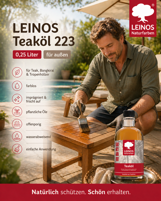 LEINOS Teaköl 223 – 0,25 Liter Holzschutzöl für außen, farblos, für Teak, Bangkirai & Tropenhölzer, imprägniert & frischt auf, pflanzliche Öle, offenporig, wasserabweisend, einfache Anwendung