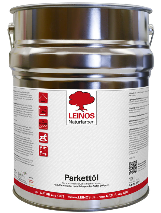 LEINOS 252 Parkettöl für Innen, 10,0 L – seidenmatt & farblos – natürliche Holzpflege für Parkett & Dielenböden – atmungsaktiv, wasserabweisend & strapazierfähig – lösemittelfrei & offenporig