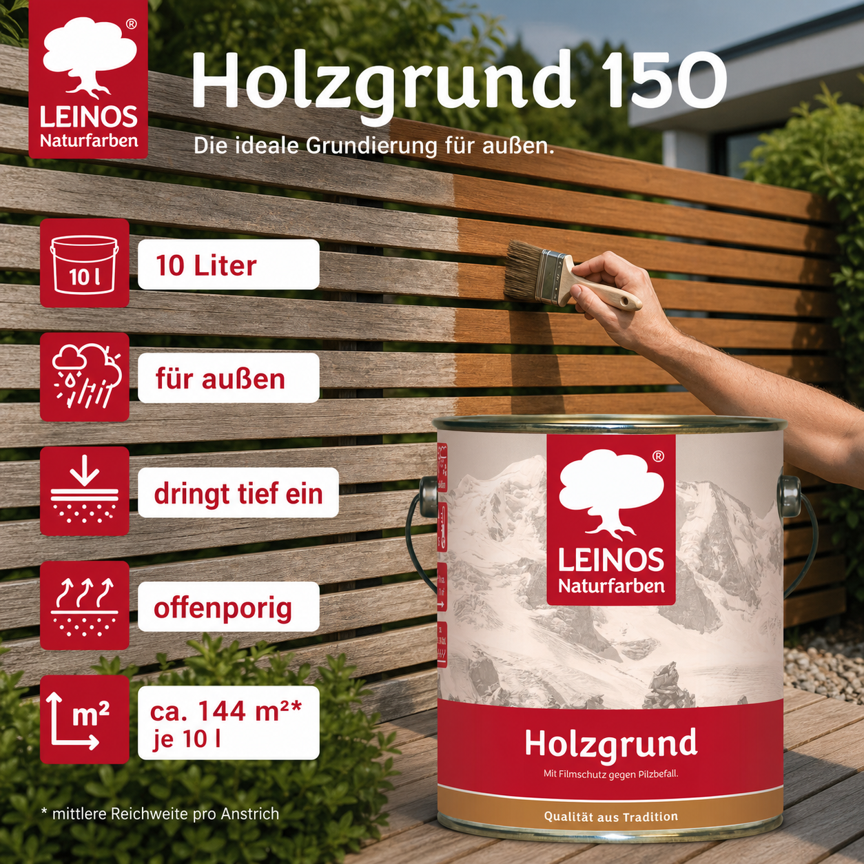 LEINOS 150 Holzgrund 10 l – offenporige Holzgrundierung für Lack- und Lasuranstriche außen, mit Filmschutz gegen Bläuebefall, tiefenwirksam, transparent-bräunlich, reicht bis ca. 144 m²