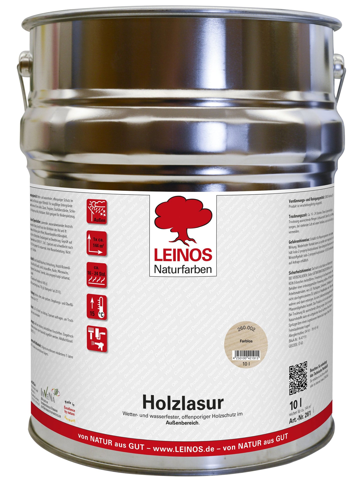 LEINOS 260 Holzlasur für Außen 002 Farblos 10 l