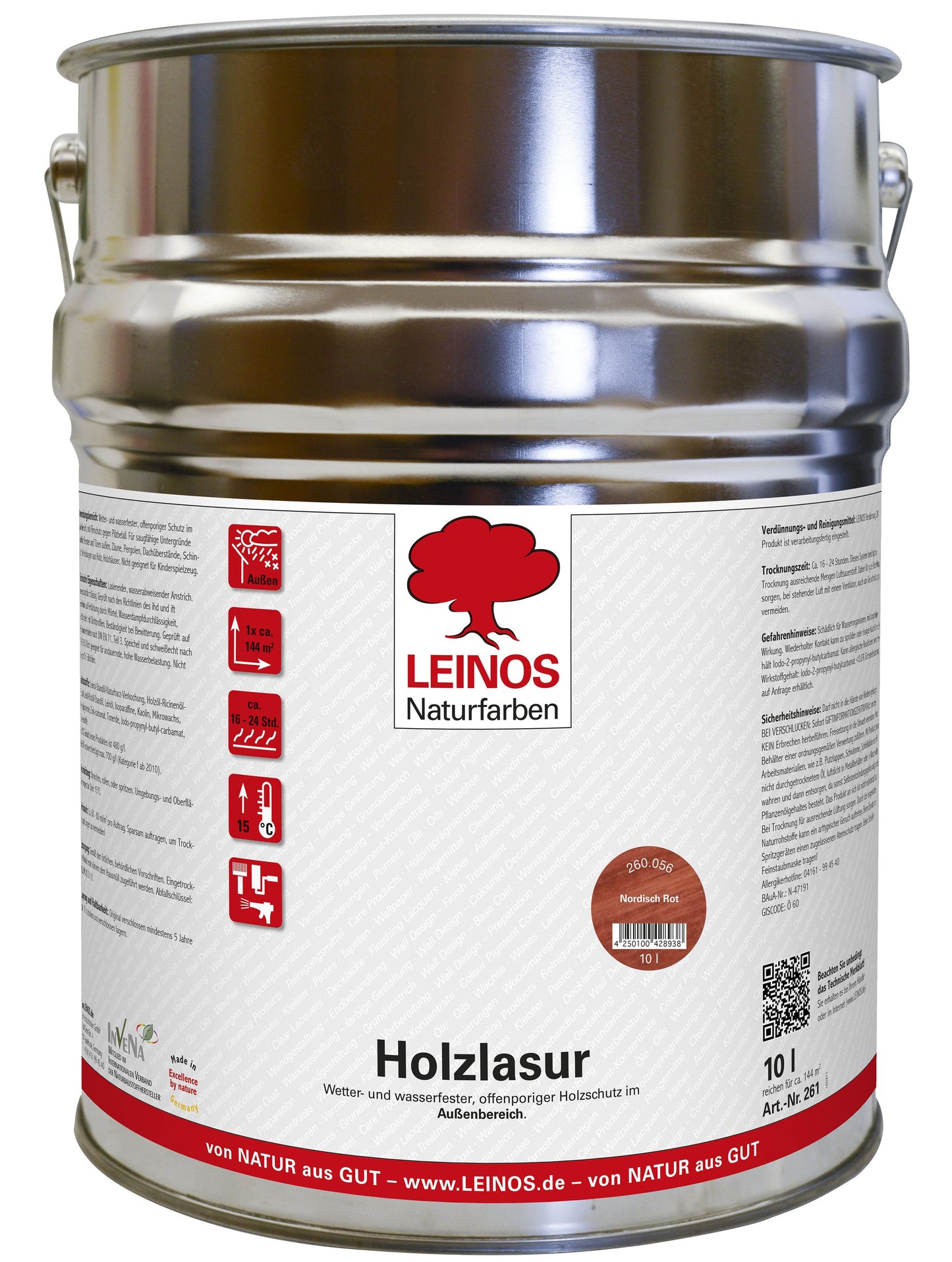 LEINOS 260 Holzlasur für Außen 056 nordisch Rot 10 l