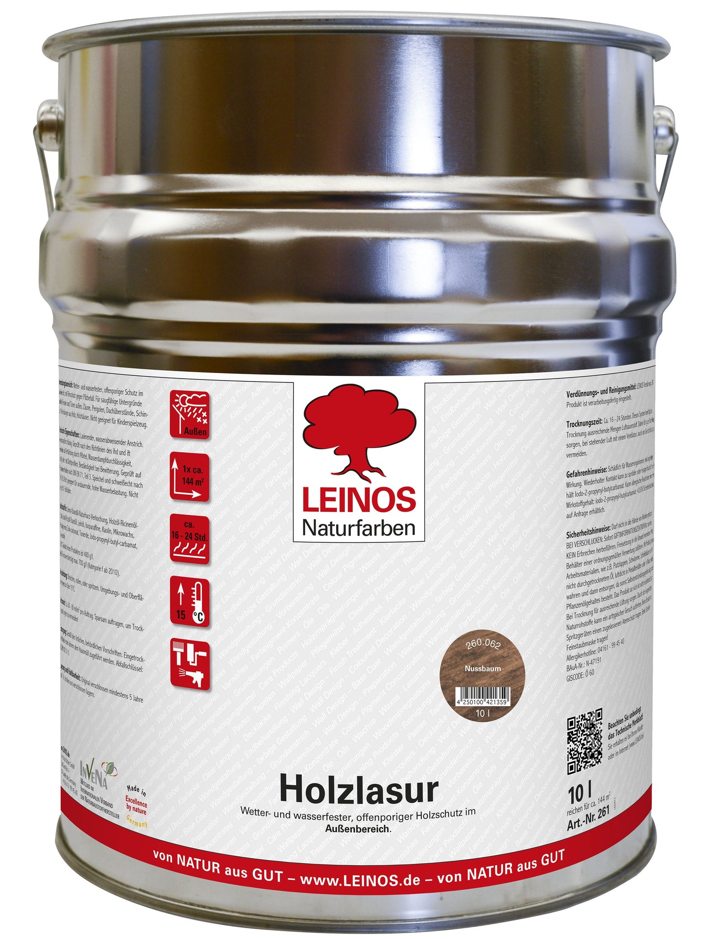 LEINOS 260 Holzlasur für Außen 062 Nussbaum 10 l