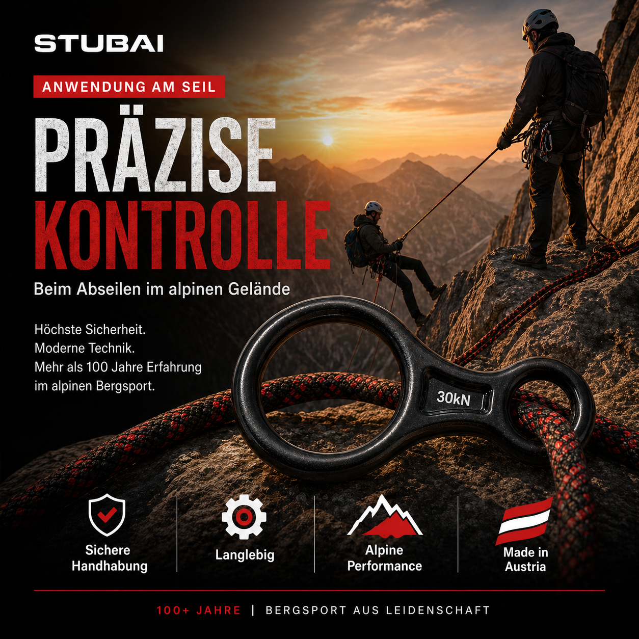 STUBAI Abseilachter groß, 109 g, 30 kN Bruchlast, EN 15151-2 zertifiziert – Sicherungsgerät aus geschmiedetem Aluminium, rot eloxiert – geeignet für Klettern, Bergsteigen, Canyoning, Höhenarbeit