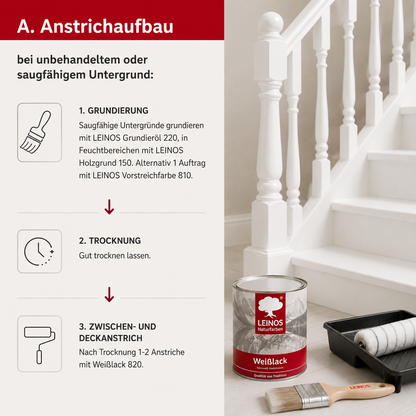 LEINOS 820 Weißlack Glänzend | 0,75 L Innen & Außen | Wohngesunder Naturharz-Öl Lack, wetterfest & strapazierfähig | ca. 7 m² Reichweite | Für Möbel, Türen, Fenster, Holzflächen & grundiertes Metall