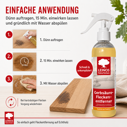 LEINOS Gerbsäureflecken Entferner 946 – 250ml Spezialreiniger für Eichenholz & Edelhölzer – entfernt dunkle Flecken & Verfärbungen durch Gerbsäure – Wasserbasiert, Biologisch Abbaubar & Farblos