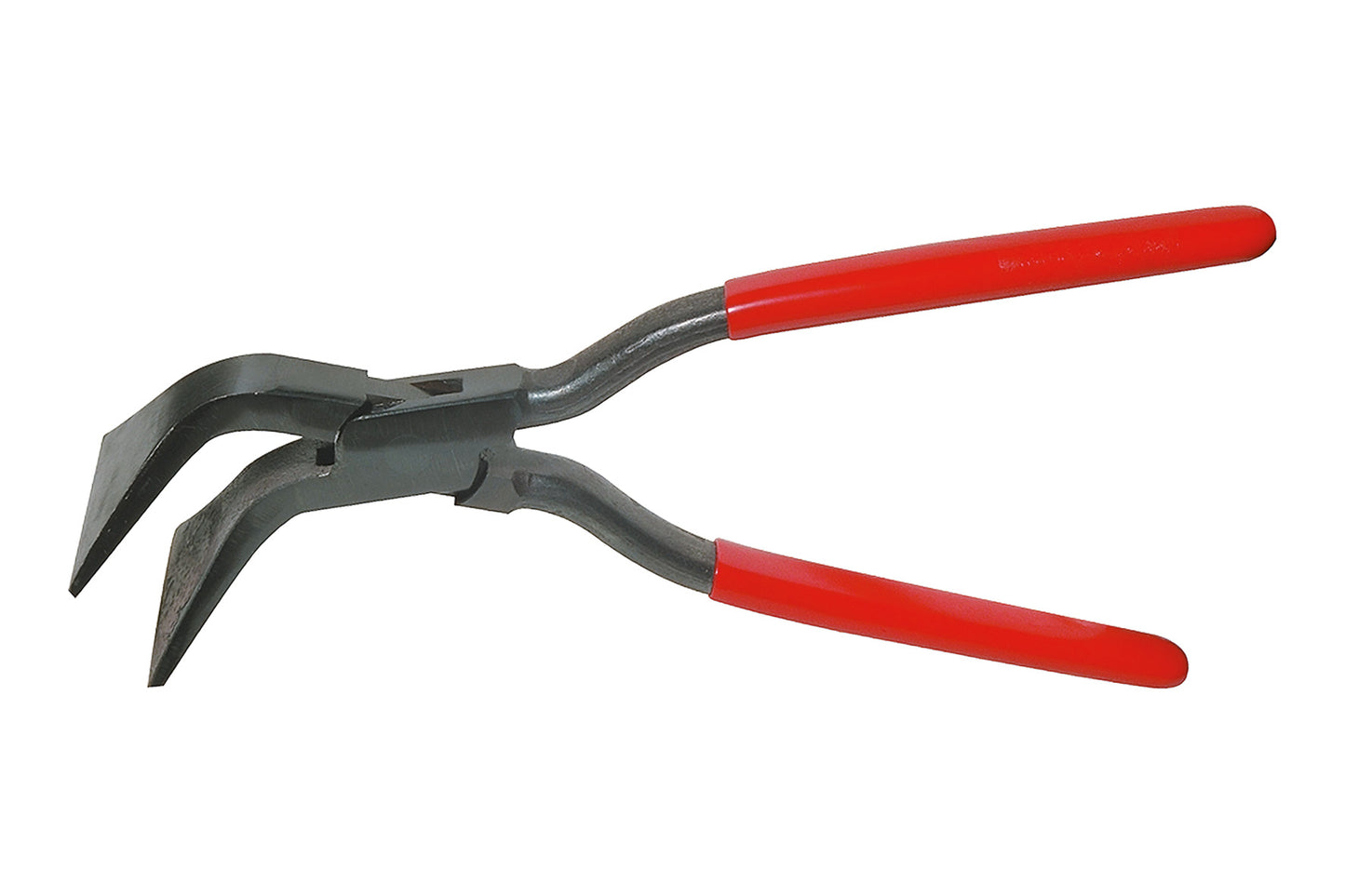 STUBAI Spezialfalzzange 45° gebogen mit 60 mm durchgestecktem Gelenk, vergütete Backen & Maul, abgerundete Kanten, rote Kunststoffbeschichtung, C45 Kohlenstoffstahl, made in Österreich