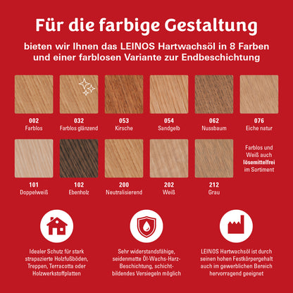 LEINOS Hartwachsöl LF 291 farblos 10,0 L für den Innenbereich– lösemittelfrei für Holz- & Korkböden, Möbel & Innenflächen – seidenmatt, offenporig, wasserabweisend & strapazierfähig –