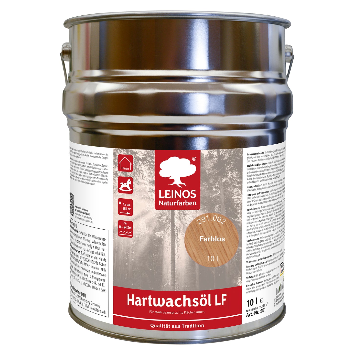 LEINOS Hartwachsöl LF 291 farblos 10,0 L für den Innenbereich– lösemittelfrei für Holz- & Korkböden, Möbel & Innenflächen – seidenmatt, offenporig, wasserabweisend & strapazierfähig –