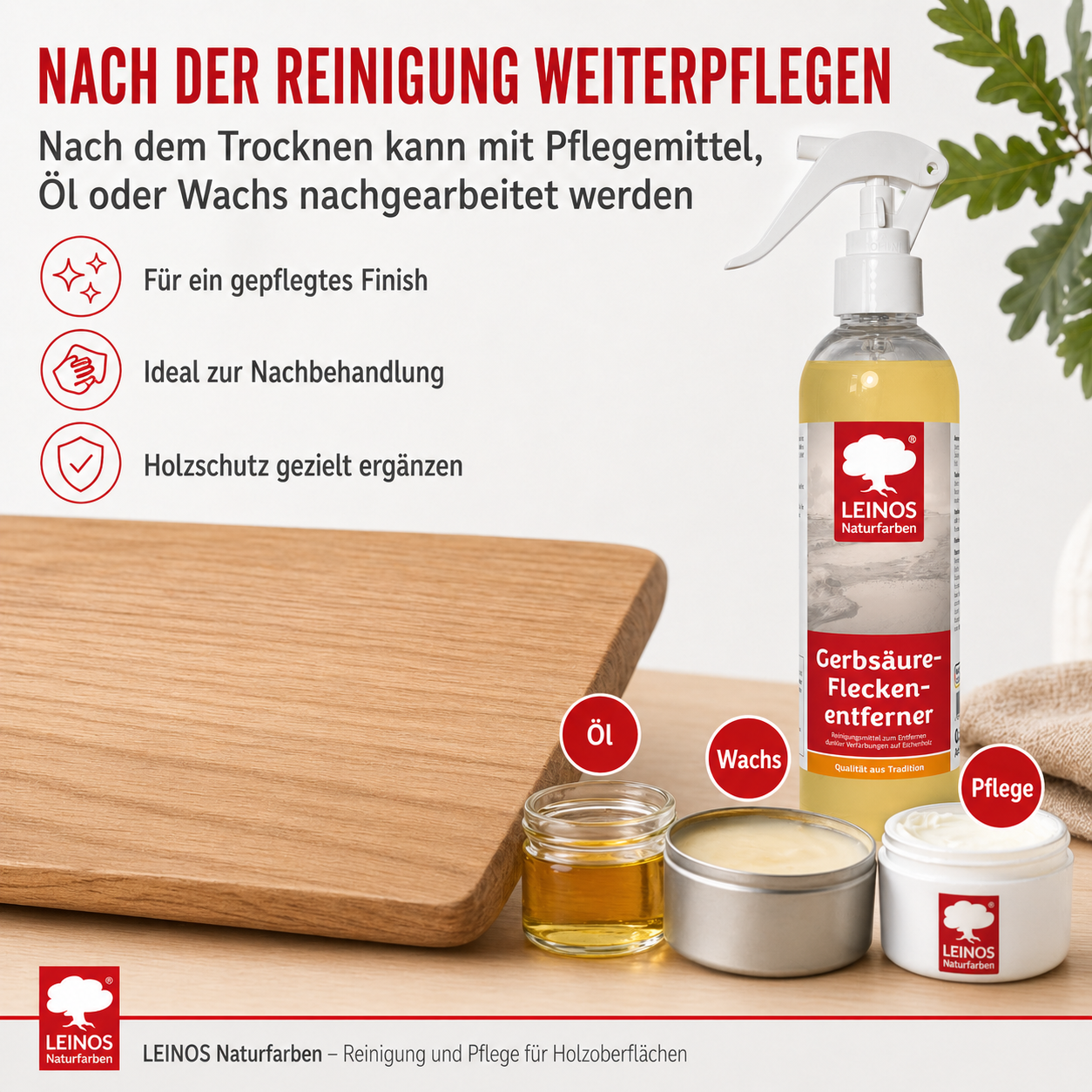 LEINOS Gerbsäureflecken Entferner 946 – 250ml Spezialreiniger für Eichenholz & Edelhölzer – entfernt dunkle Flecken & Verfärbungen durch Gerbsäure – Wasserbasiert, Biologisch Abbaubar & Farblos