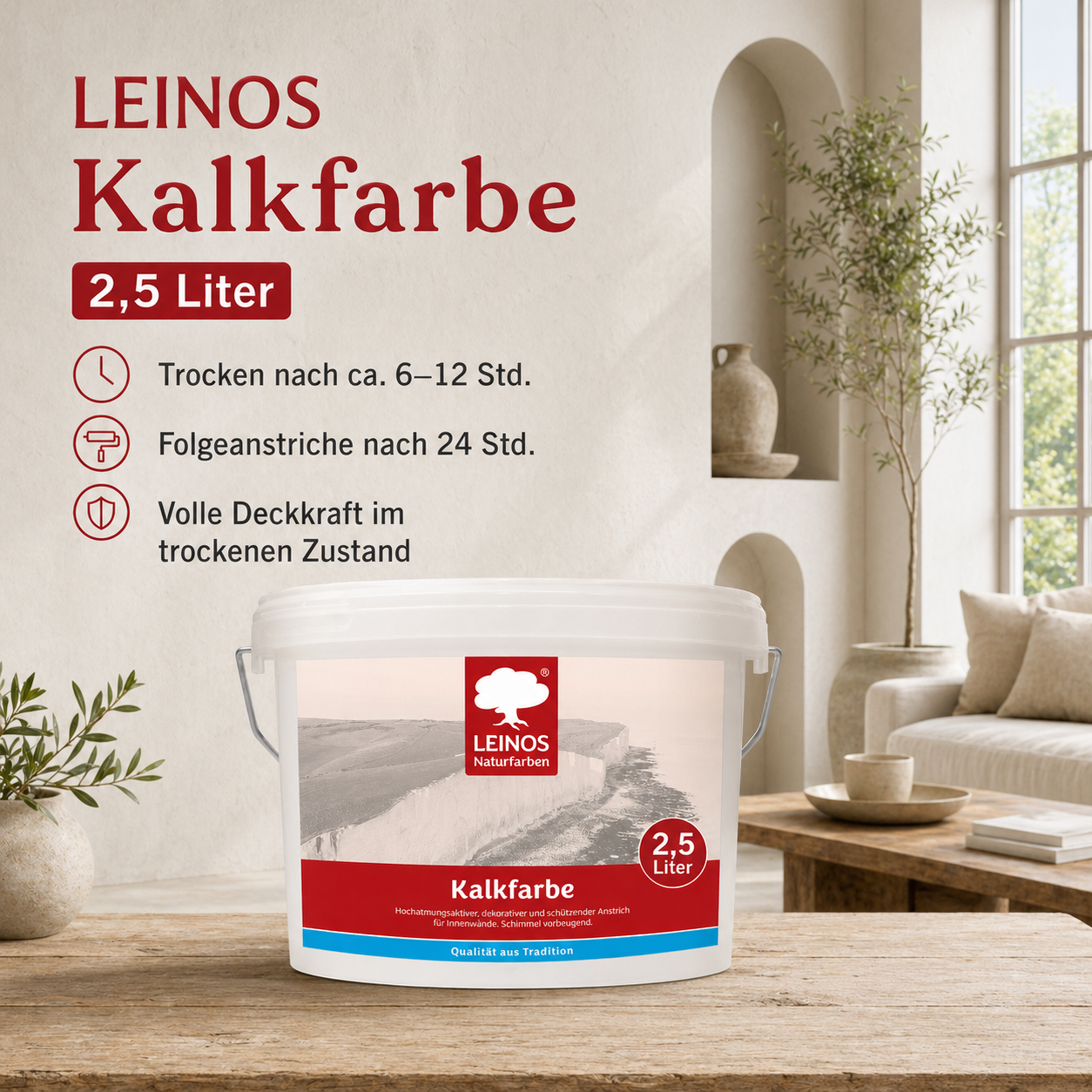 LEINOS Kalkfarbe 665 – Hochatmungsaktive Wandfarbe für Innen | Naturweiß, matt & mineralisch | Lösemittelfrei, schimmelvorbeugend, abtönbar | 2,5 L für ca. 16 m² | für mineralische Untergründe