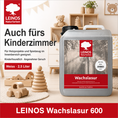 Leinos 600 Wachslasur für Innen 202 Weiß 2,5 l – wässrige Holzlasur für Möbel, Holzdecken, Wandverkleidungen und Kinderspielzeug im Innenbereich, weiß