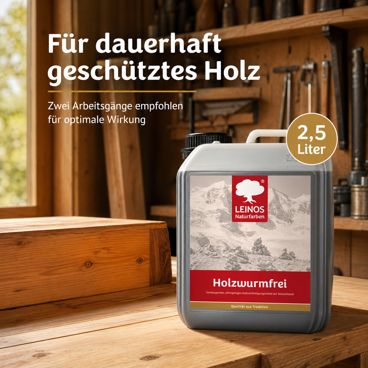 LEINOS Holzwurmfrei 2,5 Liter |  schützt  Holz durch physikalisch-mechanische Wirkung vor Pilz-  Insektenbefall | vorbeugendes, offenporiges Holzverfestigungsmittel,