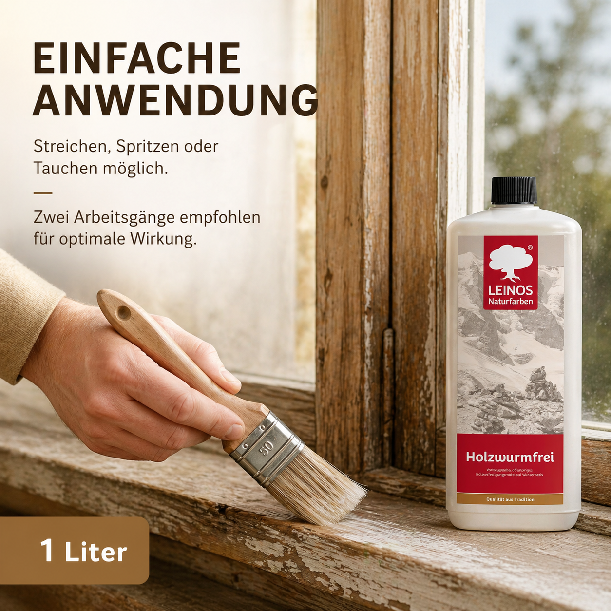 LEINOS Holzwurmfrei 130 | Holzschutz gegen Insekten- & Pilzbefall | Für Innen, überdachten Außenbereich & Feuchträume | Holzverfestiger mit physikalisch-mechanischer Wirkung | 1L