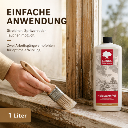 LEINOS Holzwurmfrei 130 | Holzschutz gegen Insekten- & Pilzbefall | Für Innen, überdachten Außenbereich & Feuchträume | Holzverfestiger mit physikalisch-mechanischer Wirkung | 1L