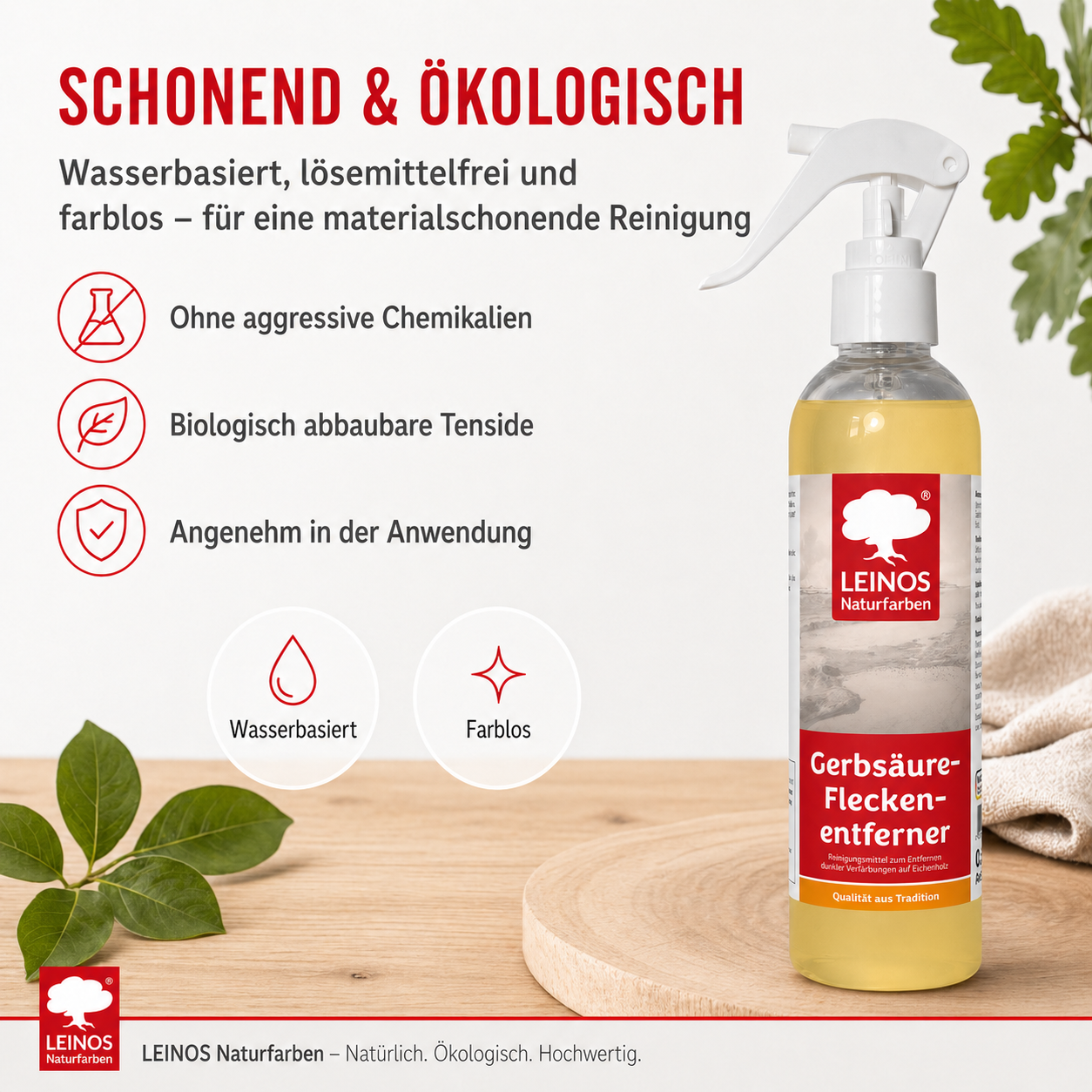 LEINOS Gerbsäureflecken Entferner 946 – 250ml Spezialreiniger für Eichenholz & Edelhölzer – entfernt dunkle Flecken & Verfärbungen durch Gerbsäure – Wasserbasiert, Biologisch Abbaubar & Farblos
