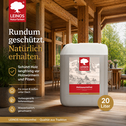 LEINOS Holzwurmfrei 130 | 20 Liter  Holzschutz gegen Insekten- & Pilzbefall | Für Innen, überdachten Außenbereich & Feuchträume | Holzverfestiger mit physikalisch-mechanischer Wirkung