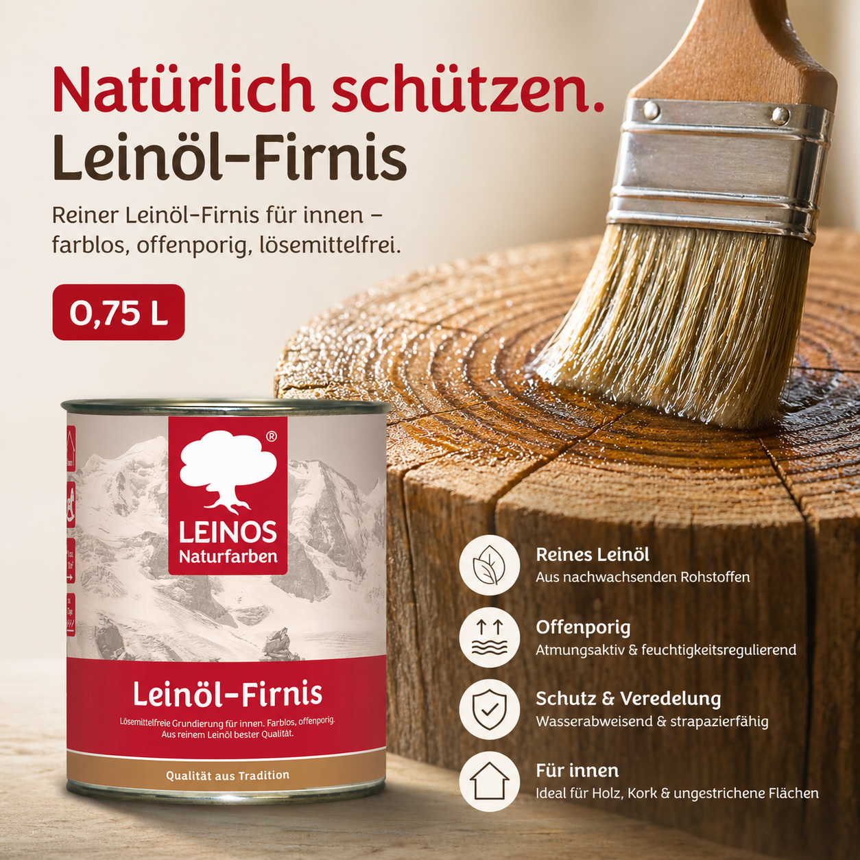 LEINOS Leinöl-Firnis 230 – 0,75 L für innen und außen – offenporige Grundierung für stark saugende Untergründe wie Hirnholzparkett, Kork, Terracotta – lösungsmittelfrei – ohne Filmschutz außen
