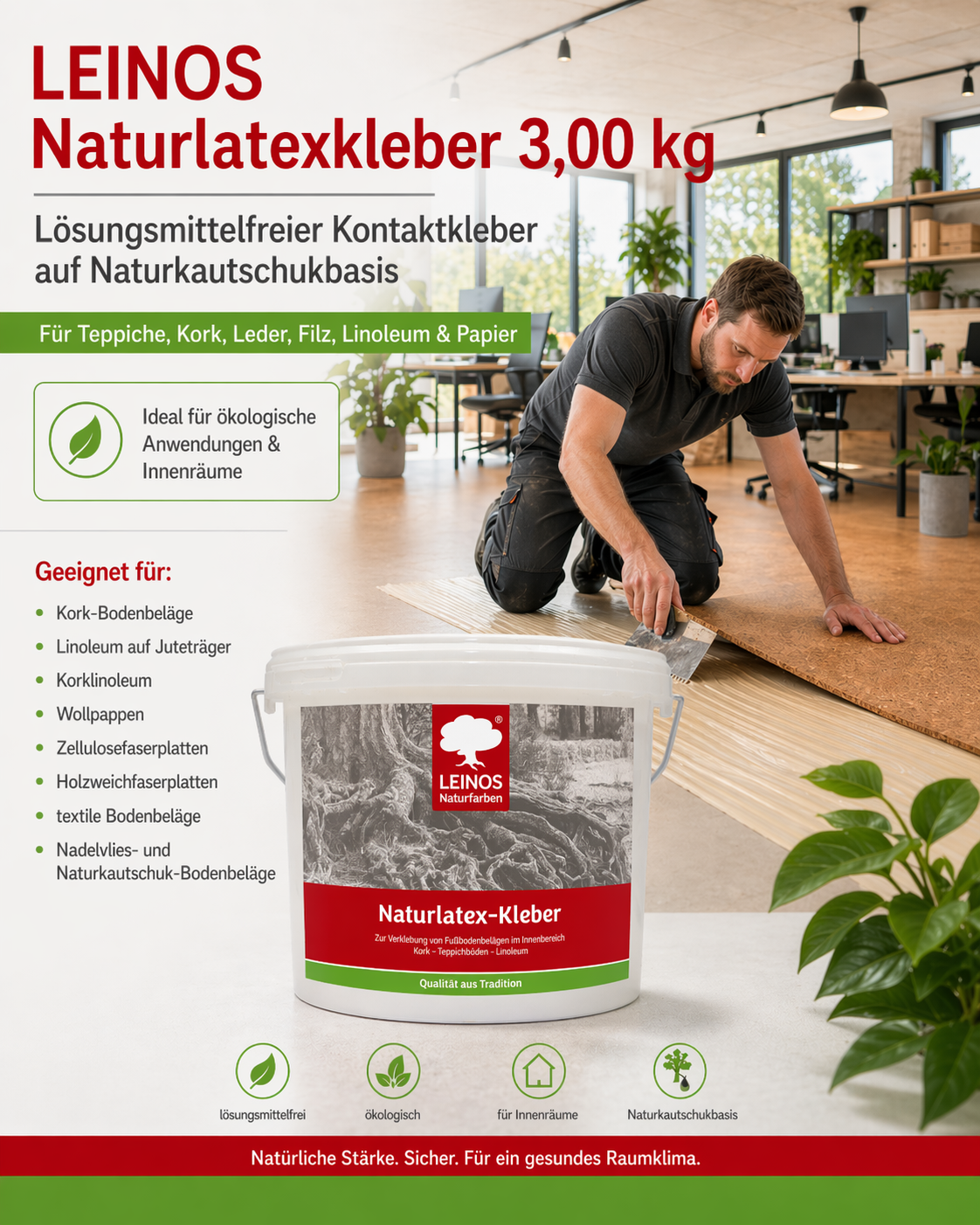 LEINOS Naturlatexkleber 10,00 kg – lösungsmittelfreier Kontaktkleber auf Naturkautschukbasis – für Teppiche, Kork, Leder, Filz, Linoleum & Papier – ideal für ökologische Anwendungen