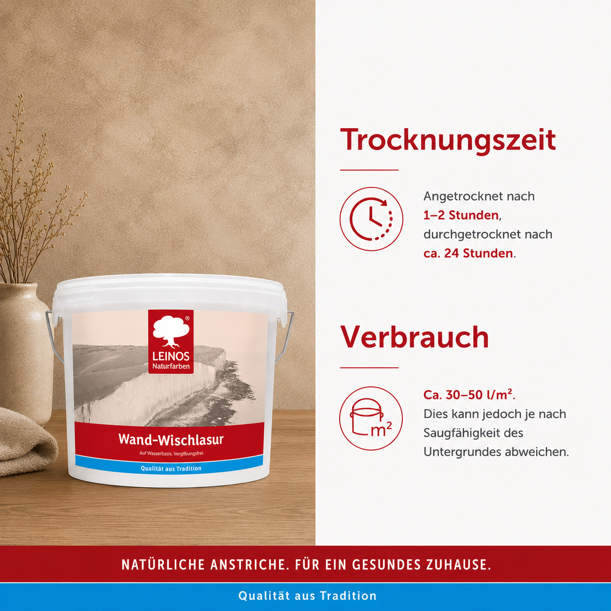 LEINOS Wand-Wischlasur 2,5 Liter für glatte Wände, kreative Lasurtechniken und sanfte Farbverläufe, verarbeitungsfertig, individuell abtönbar, atmungsaktiv, leicht aufzutragen innen für große Flächen!