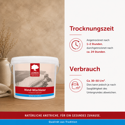 LEINOS Wand-Wischlasur 2,5 Liter für glatte Wände, kreative Lasurtechniken und sanfte Farbverläufe, verarbeitungsfertig, individuell abtönbar, atmungsaktiv, leicht aufzutragen innen für große Flächen!
