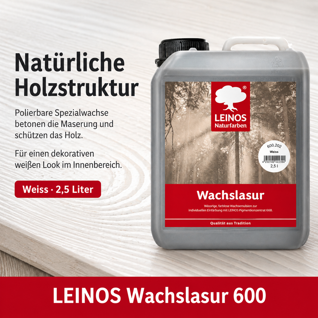 Leinos 600 Wachslasur für Innen 202 Weiß 2,5 l – wässrige Holzlasur für Möbel, Holzdecken, Wandverkleidungen und Kinderspielzeug im Innenbereich, weiß