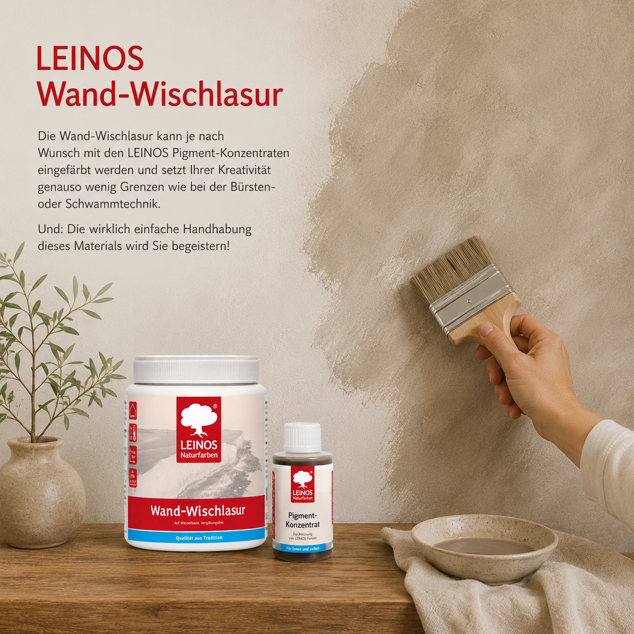 LEINOS Wand-Wischlasur 0,75 Liter für glatte Wände, kreative Lasurtechniken und sanfte Farbverläufe, verarbeitungsfertig, individuell abtönbar, atmungsaktiv, leicht aufzutragen innen für Wohnräume pur