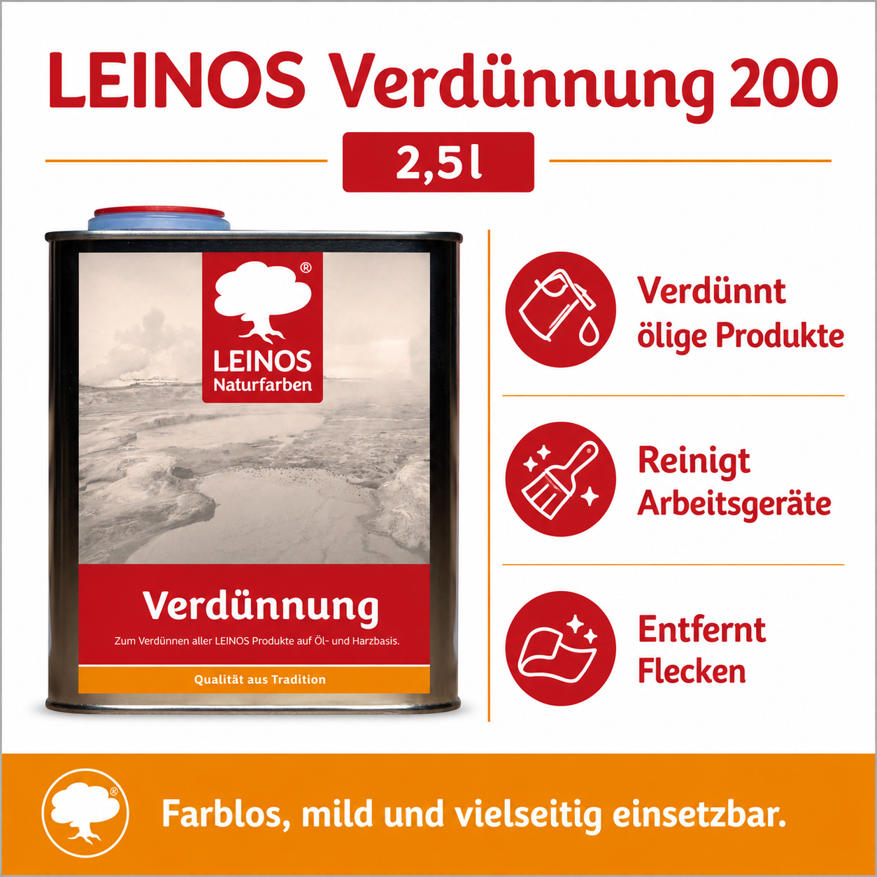 LEINOS 200 Verdünnung 2,5 Liter | Zum Verdünnen aller öligen Produkte sowie zur Reinigung der Arbeitsgeräte. Auch als Fleckentferner geeignet.