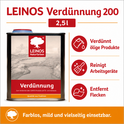 LEINOS 200 Verdünnung 2,5 Liter | Zum Verdünnen aller öligen Produkte sowie zur Reinigung der Arbeitsgeräte. Auch als Fleckentferner geeignet.