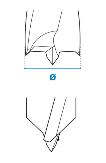 Dübelbohrer für Sacklöcher mit Gewindeschaft - Hartmetall - Rechtslauf oder Linkslauf - Schneide 2/V2