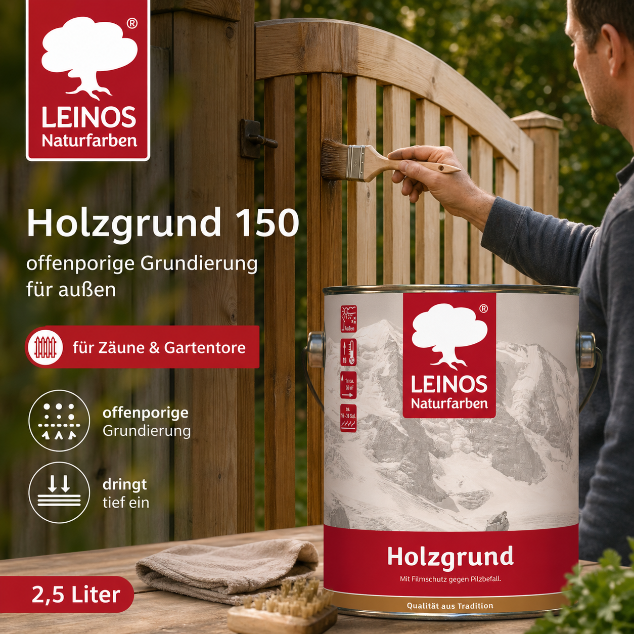 LEINOS 150 Holzgrund 2,5 l – offenporige Holzgrundierung für Lack- und Lasuranstriche außen, mit Filmschutz gegen Bläuebefall, tiefenwirksam, transparent-bräunlich, reicht bis ca. 60-80 m²
