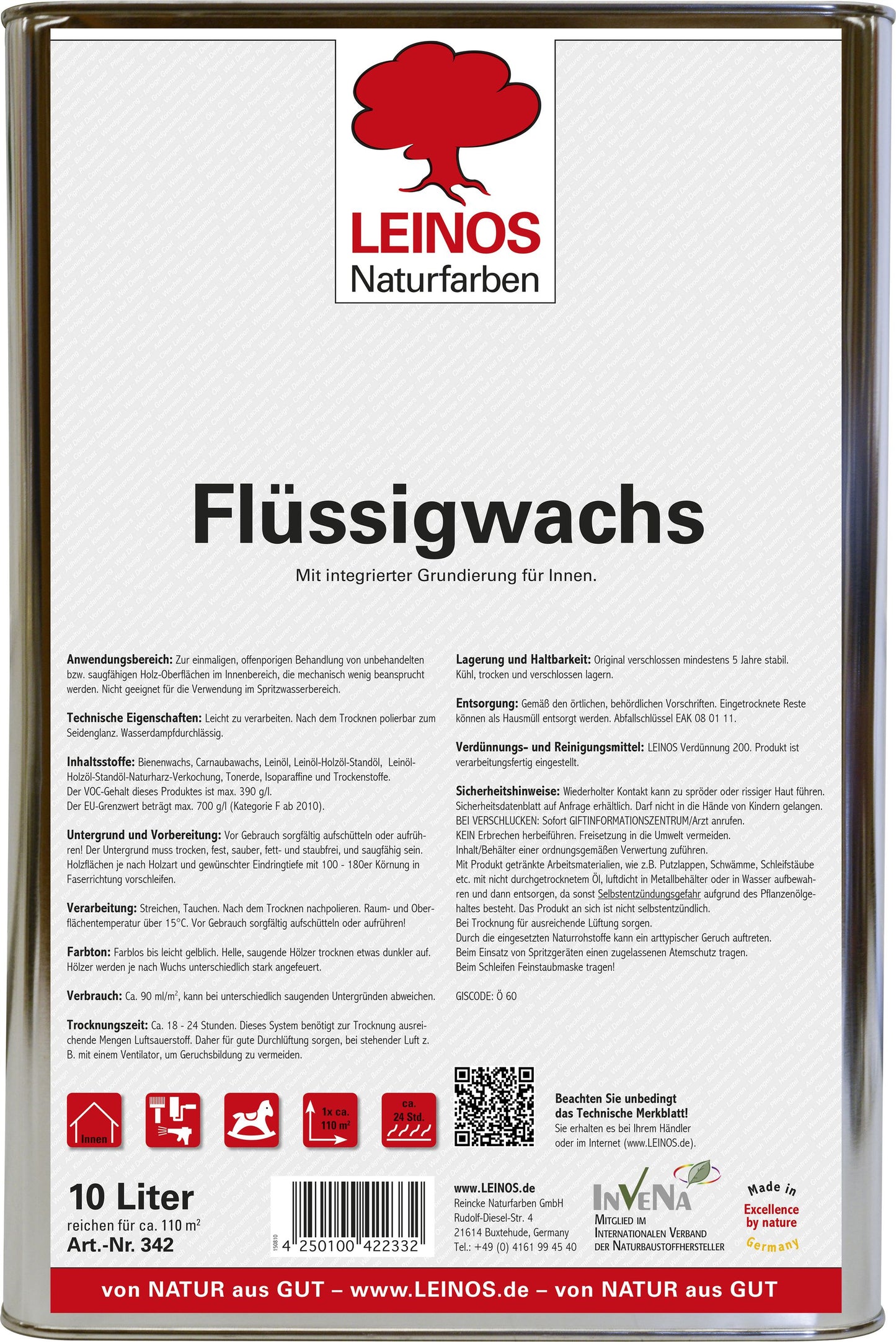 LEINOS 342 Flüssigwachs für Innen mit integrierter Grundierung 10 l