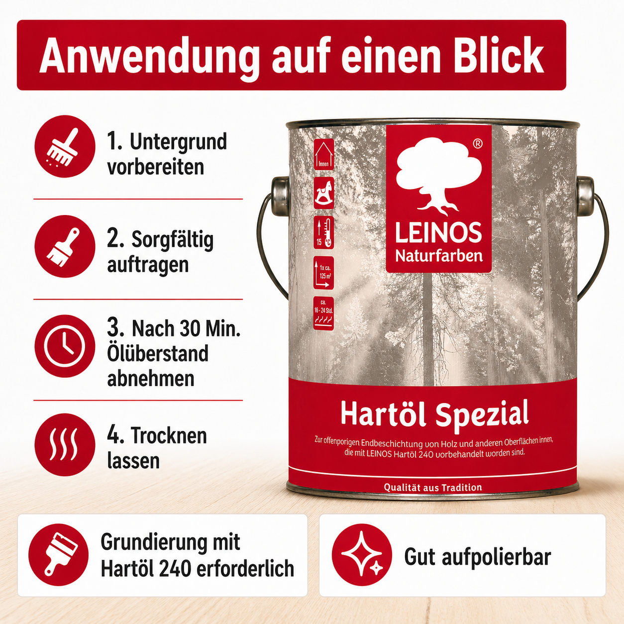 Leinos 245 Hartöl Spezial für Innen 2,5 l  Für stark strapazierte Flächen wie Fußböden und für den anspruchsvollen Möbelbau Hervorragende Polierfähigkeit