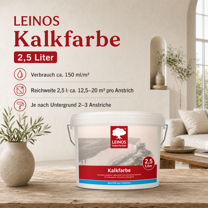 LEINOS Kalkfarbe 665 – Hochatmungsaktive Wandfarbe für Innen | Naturweiß, matt & mineralisch | Lösemittelfrei, schimmelvorbeugend, abtönbar | 2,5 L für ca. 16 m² | für mineralische Untergründe