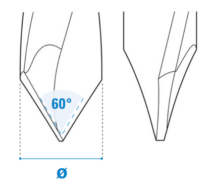 Durchgangslochbohrer 60° aus Vollhartmetall , Rechtslauf oder Linkslauf, Schneide 2 , 60°