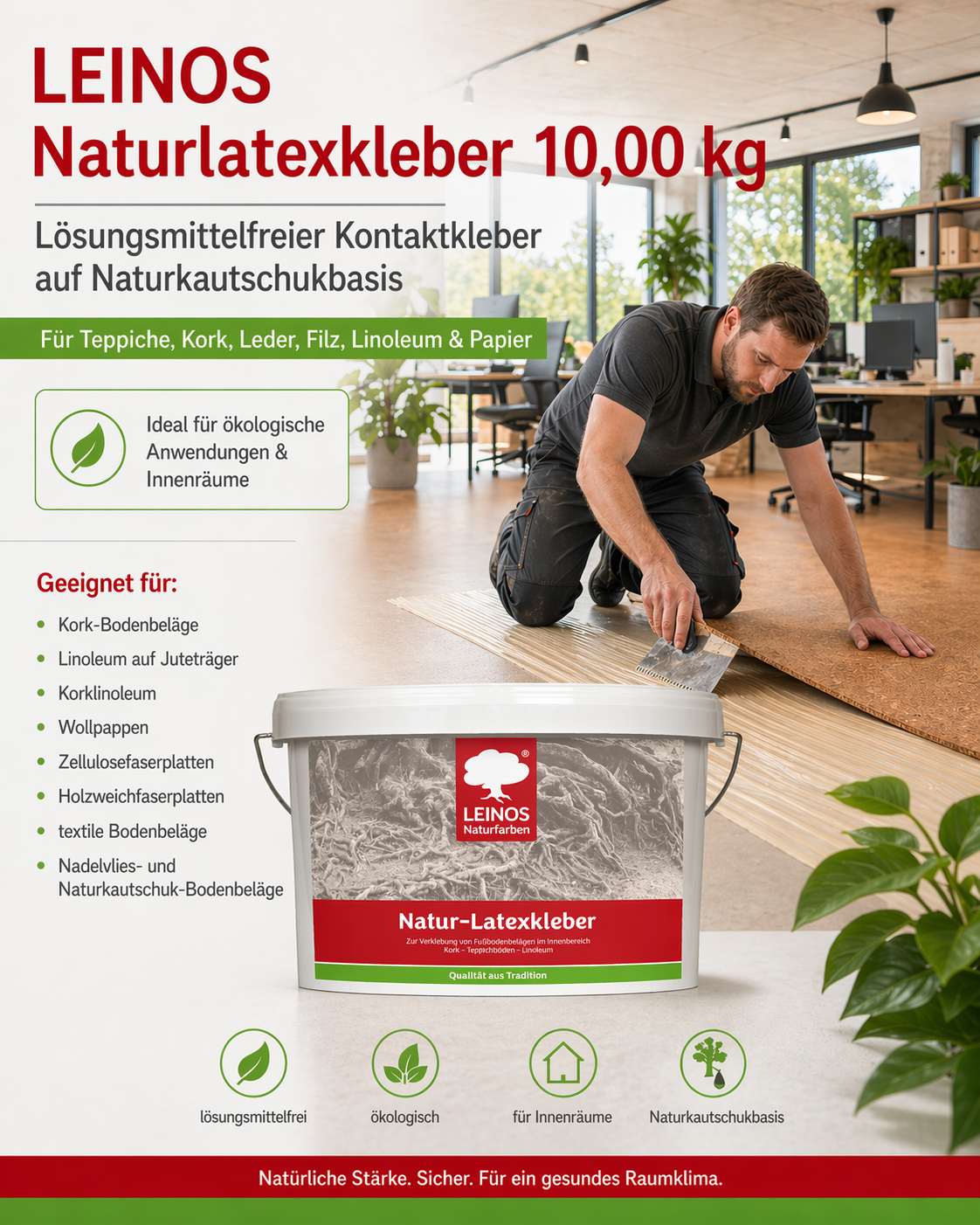 LEINOS Naturlatexkleber 3,00 kg – lösungsmittelfreier Kontaktkleber auf Naturkautschukbasis – für Teppiche, Kork, Leder, Filz, Linoleum & Papier – ideal für ökologische Anwendungen