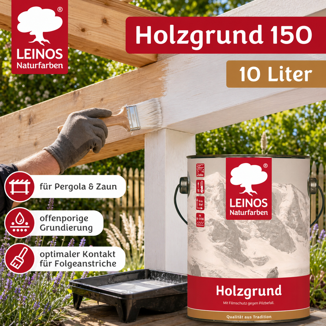 LEINOS 150 Holzgrund 10 l – offenporige Holzgrundierung für Lack- und Lasuranstriche außen, mit Filmschutz gegen Bläuebefall, tiefenwirksam, transparent-bräunlich, reicht bis ca. 144 m²