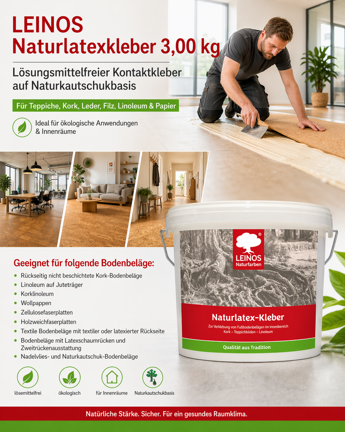 LEINOS Naturlatexkleber 10,00 kg – lösungsmittelfreier Kontaktkleber auf Naturkautschukbasis – für Teppiche, Kork, Leder, Filz, Linoleum & Papier – ideal für ökologische Anwendungen